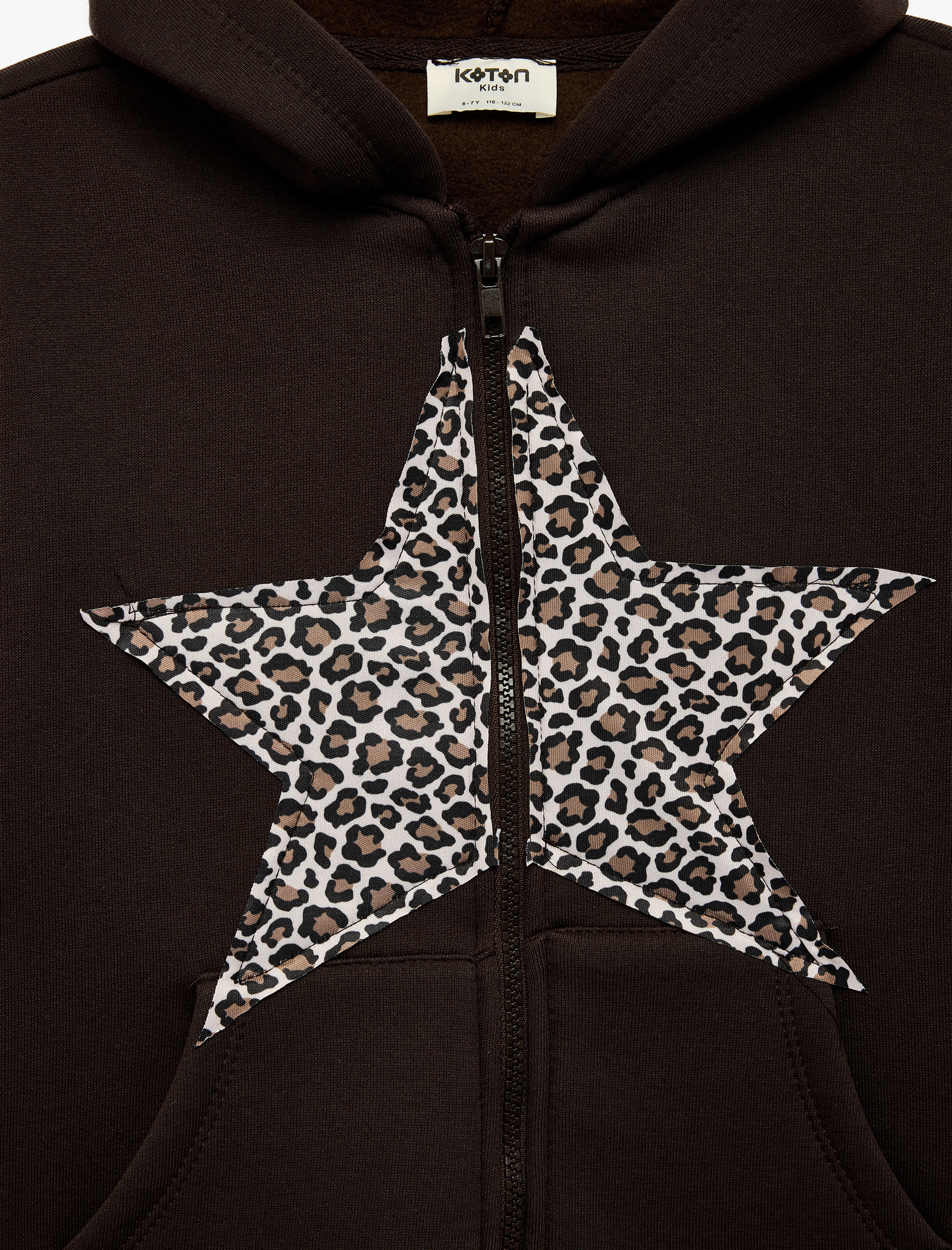  Kız Çocuk Fermuarlı Kapşonlu Uzun Kollu Şardonlu Leopar Desenli Yıldız Baskılı Sweatshirt