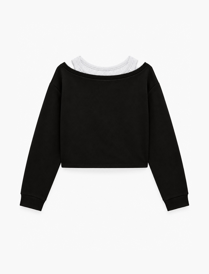  Şardonlu Rahat Kalıp Bisiklet Yaka Uzun Kollu Katmanlı Baskılı Sweatshirt