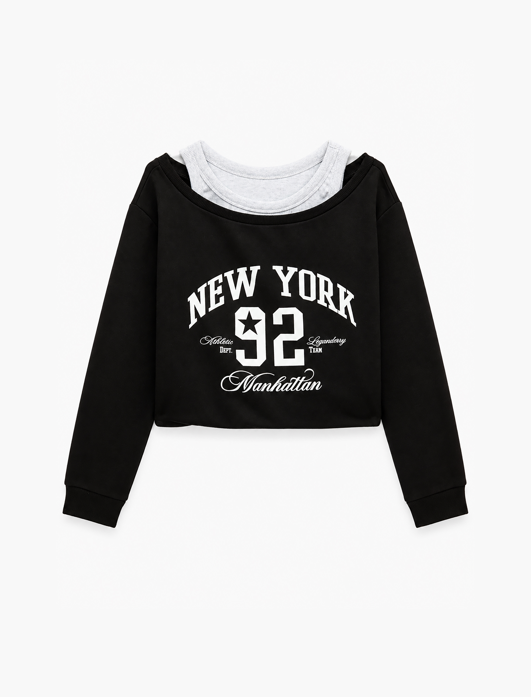   Şardonlu Rahat Kalıp Bisiklet Yaka Uzun Kollu Katmanlı Baskılı Sweatshirt