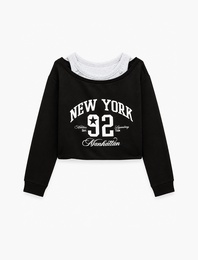 Şardonlu Rahat Kalıp Bisiklet Yaka Uzun Kollu Katmanlı Baskılı Sweatshirt