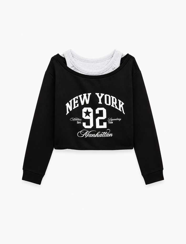  Şardonlu Rahat Kalıp Bisiklet Yaka Uzun Kollu Katmanlı Baskılı Sweatshirt