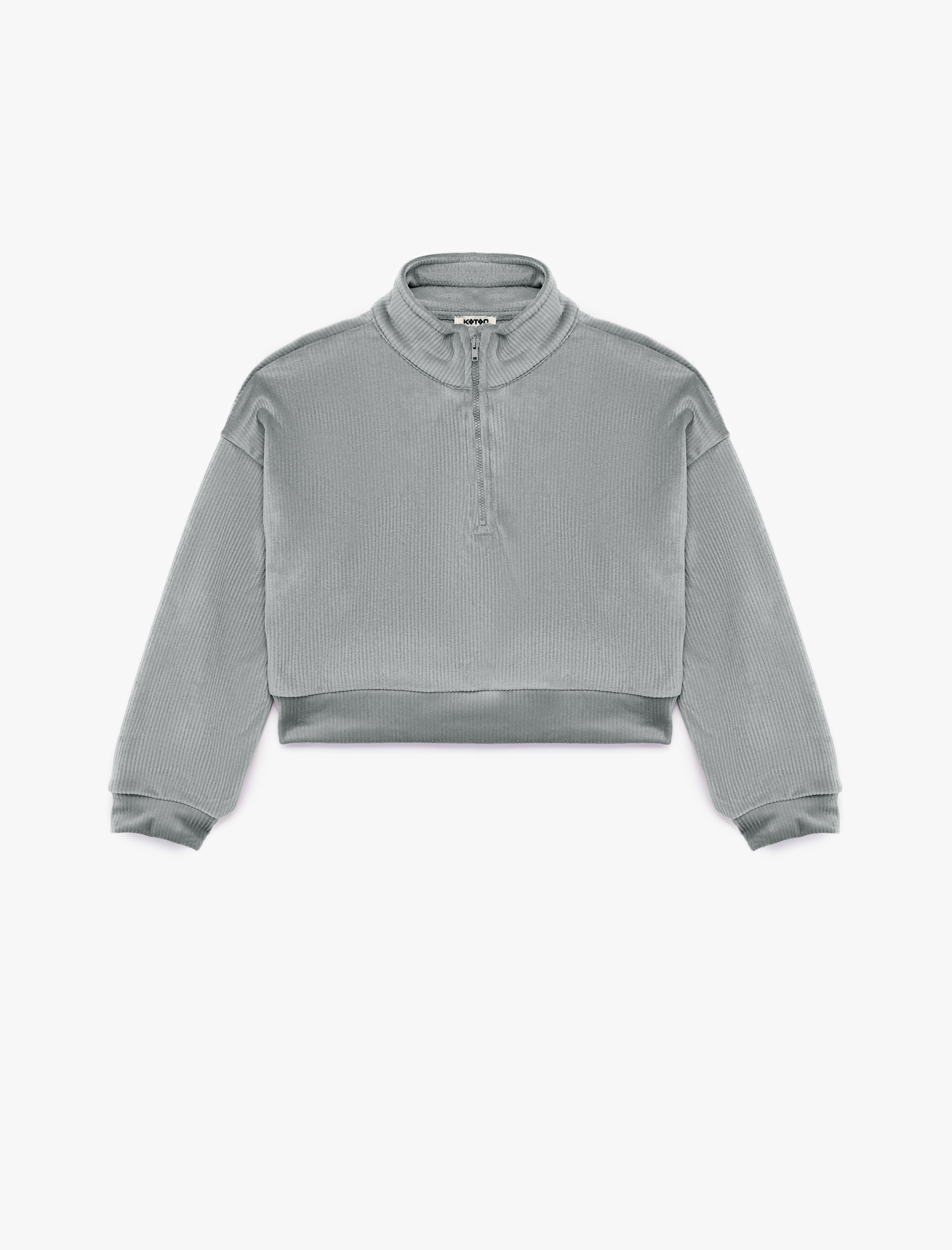  Kız Çocuk Dik Yaka Uzun Kollu Yarım Fermuarlı Kadife Sweatshirt