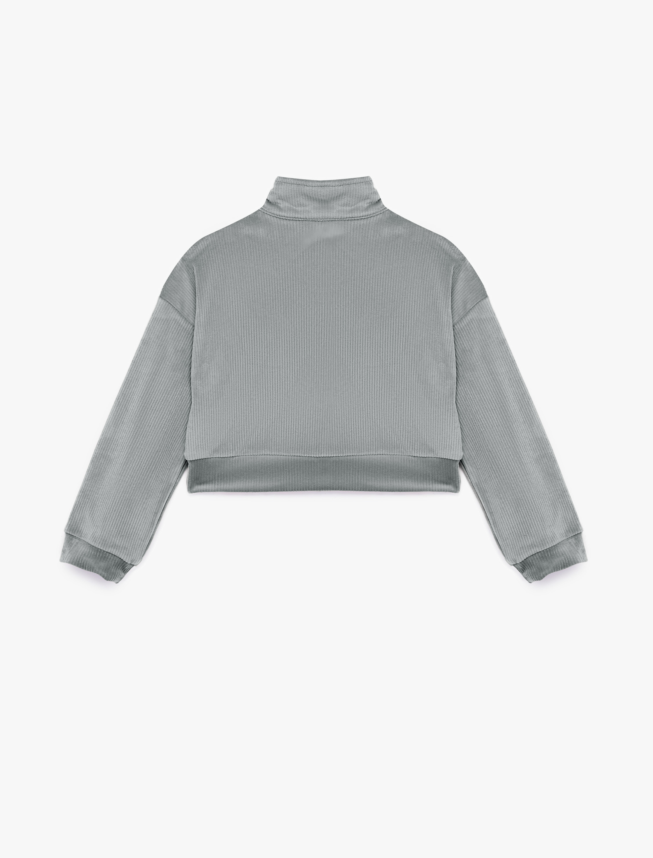  Kız Çocuk Dik Yaka Uzun Kollu Yarım Fermuarlı Kadife Sweatshirt