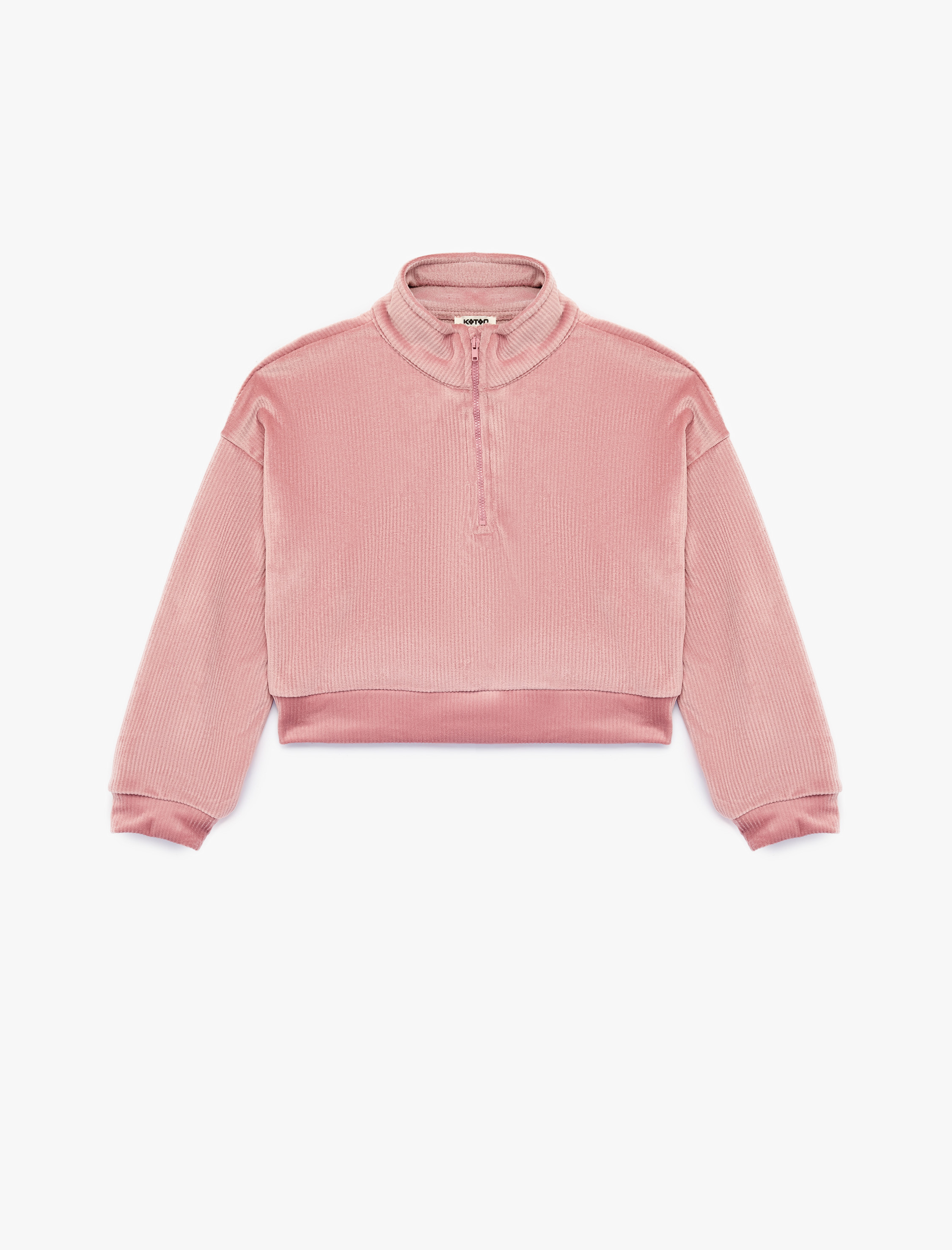  Kız Çocuk Dik Yaka Uzun Kollu Yarım Fermuarlı Kadife Sweatshirt