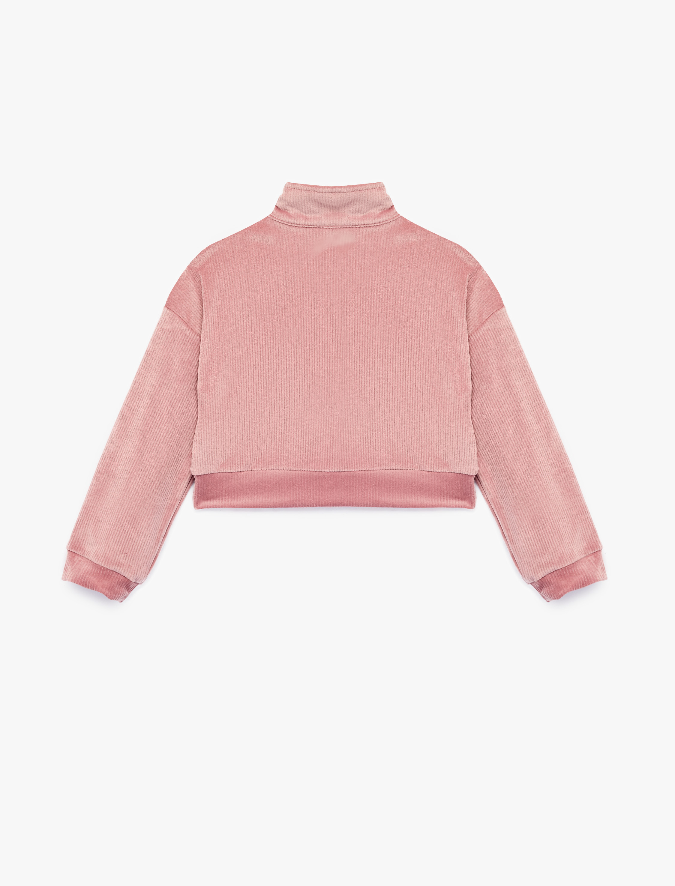  Kız Çocuk Dik Yaka Uzun Kollu Yarım Fermuarlı Kadife Sweatshirt