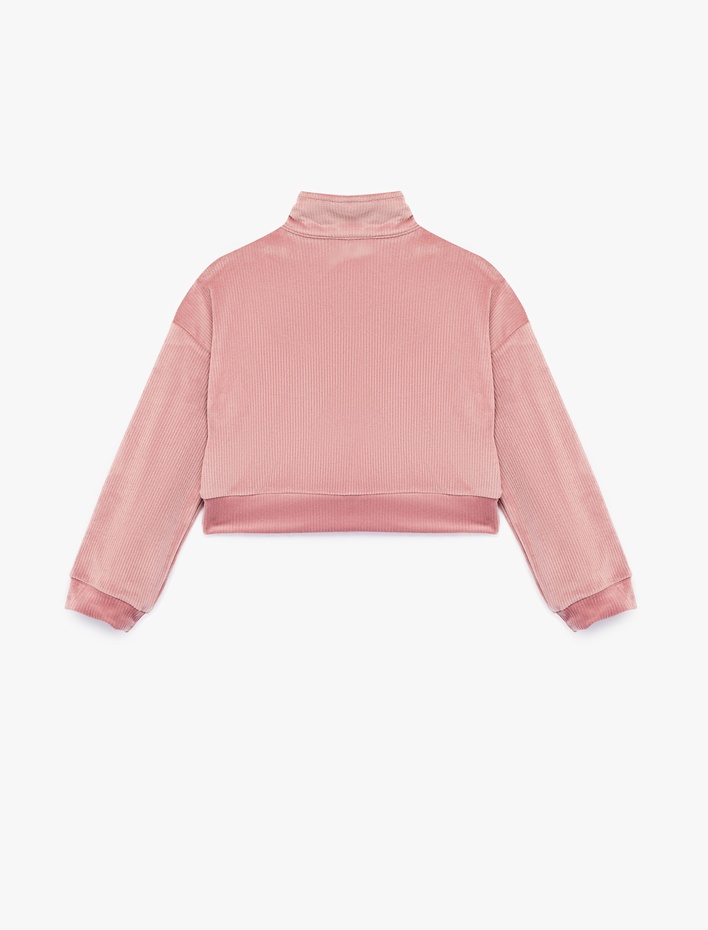 Kız Çocuk Dik Yaka Uzun Kollu Yarım Fermuarlı Kadife Sweatshirt