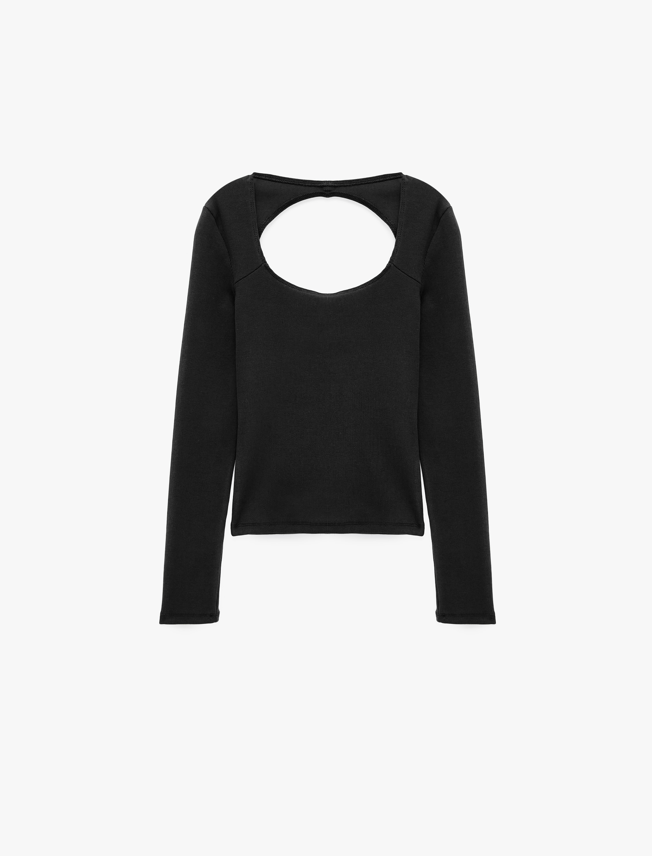   Slim Fit Pamuklu Kalp Yaka Sırtı Pencere Detaylı Uzun Kollu Tişört