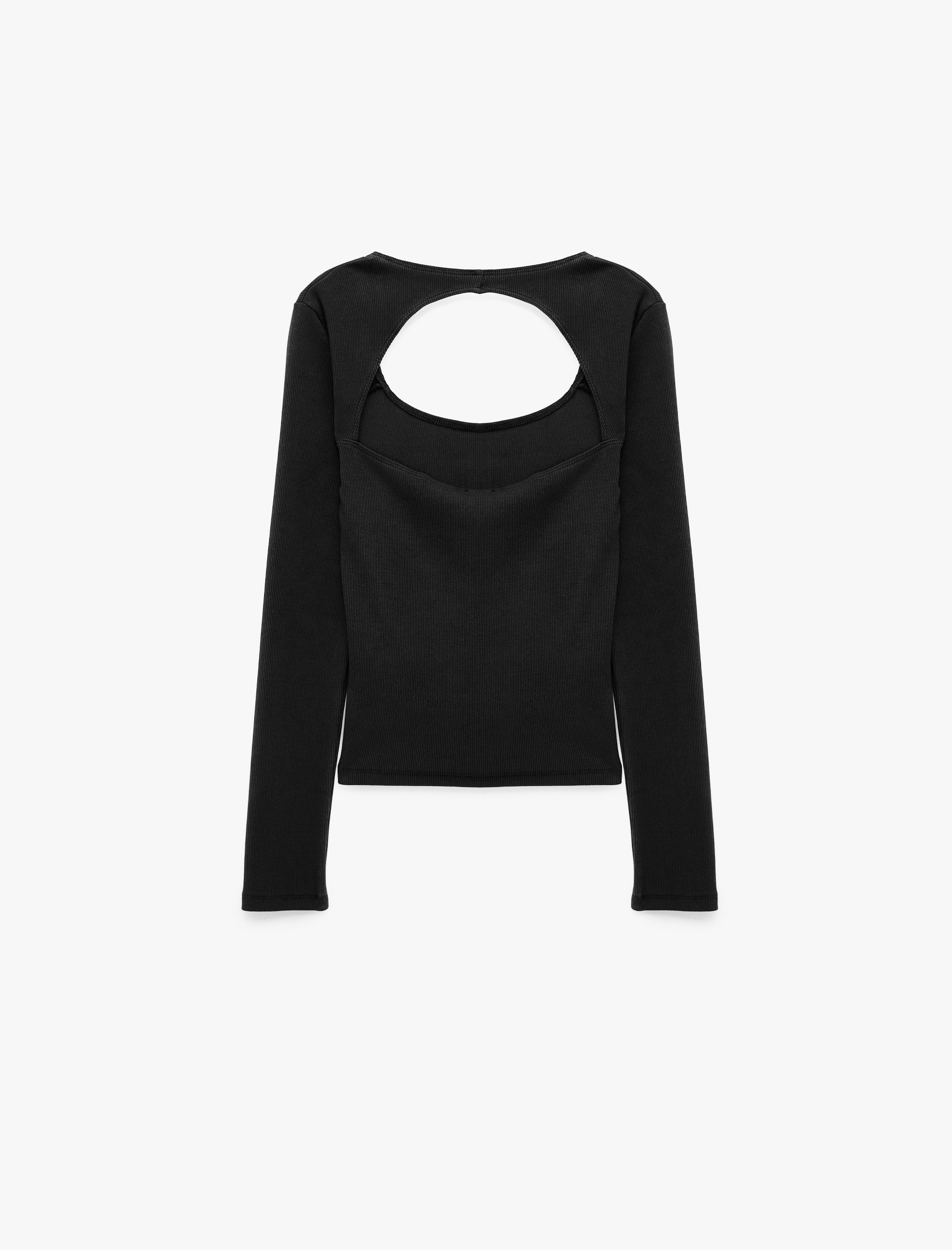   Slim Fit Pamuklu Kalp Yaka Sırtı Pencere Detaylı Uzun Kollu Tişört