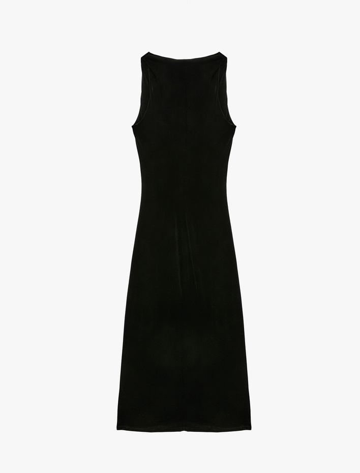  Slim Fit Yuvarlak Kayık Yaka Kolsuz Uzun Kadife Elbise