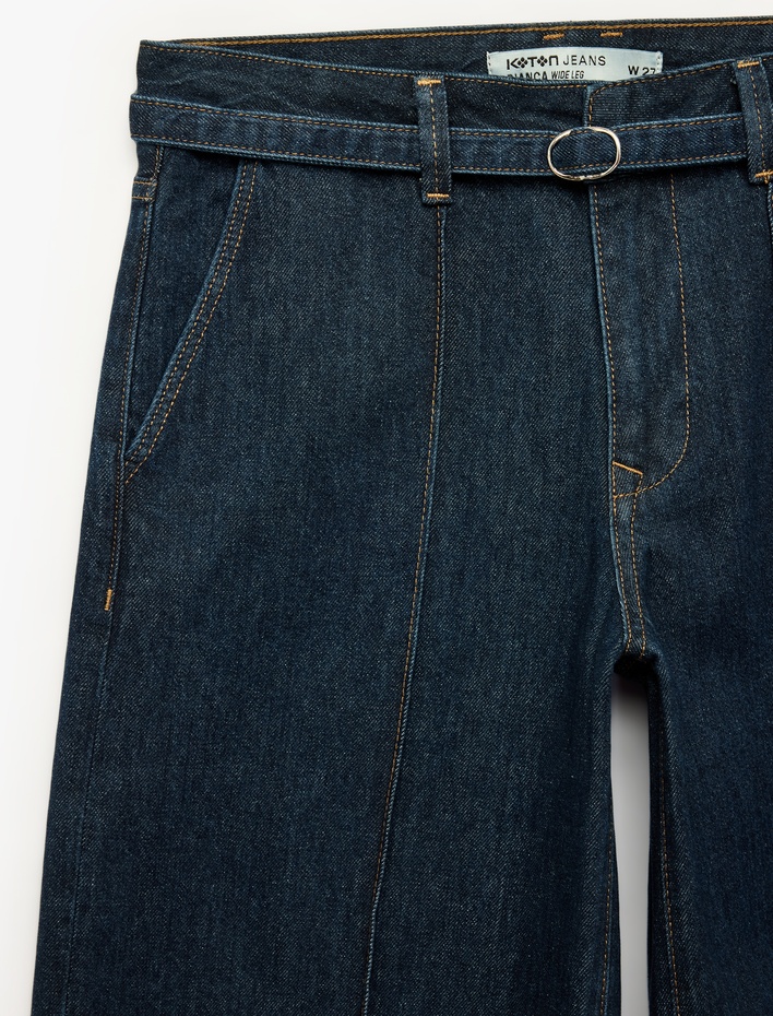  Kemerli Cepli Dikiş Detaylı Pamuklu Geniş Paça Denim Pantolon - Wide Leg Jeans