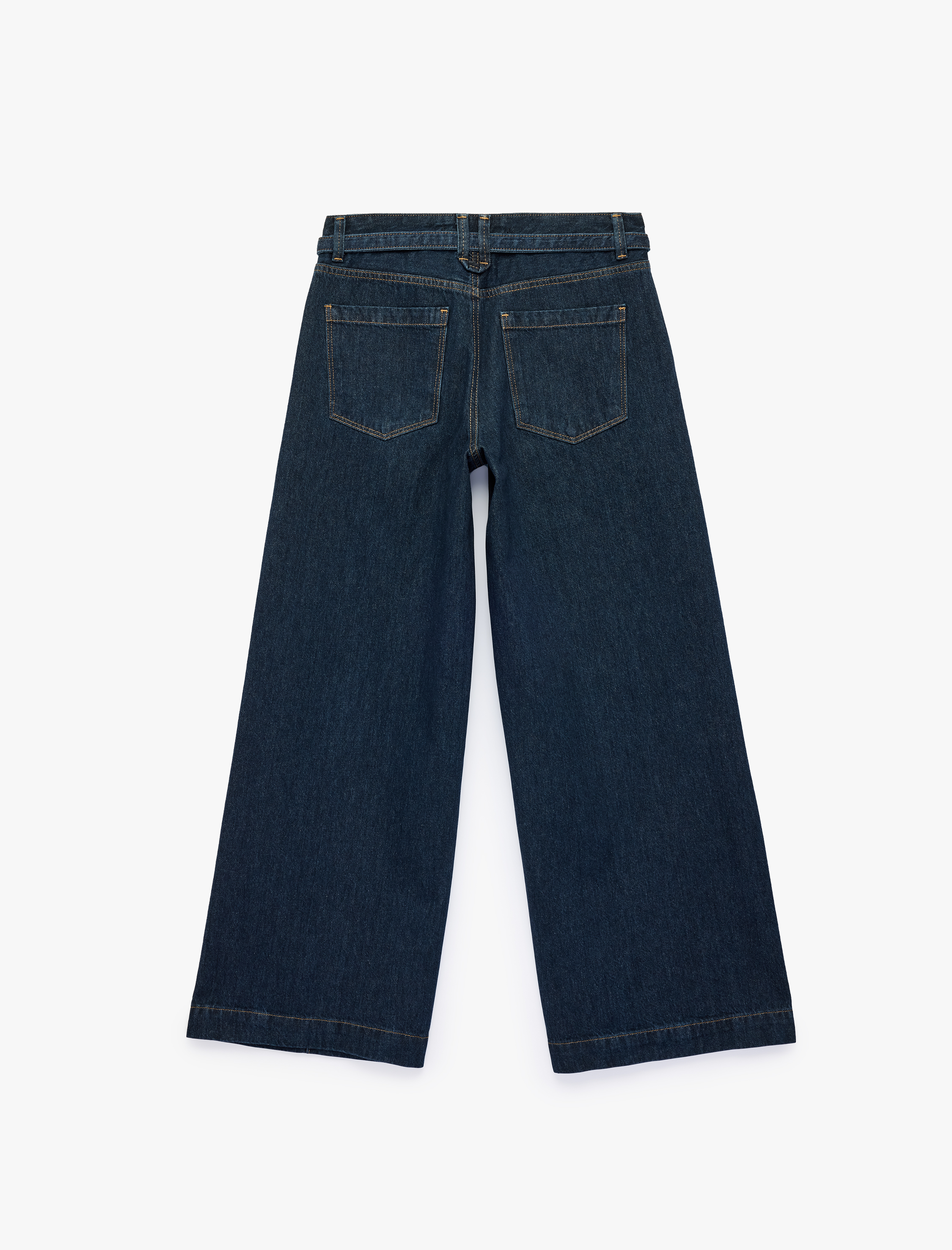   Kemerli Cepli Dikiş Detaylı Pamuklu Geniş Paça Denim Pantolon - Wide Leg Jeans