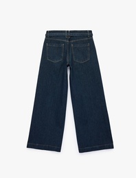 Kemerli Cepli Dikiş Detaylı Pamuklu Geniş Paça Denim Pantolon - Wide Leg Jeans