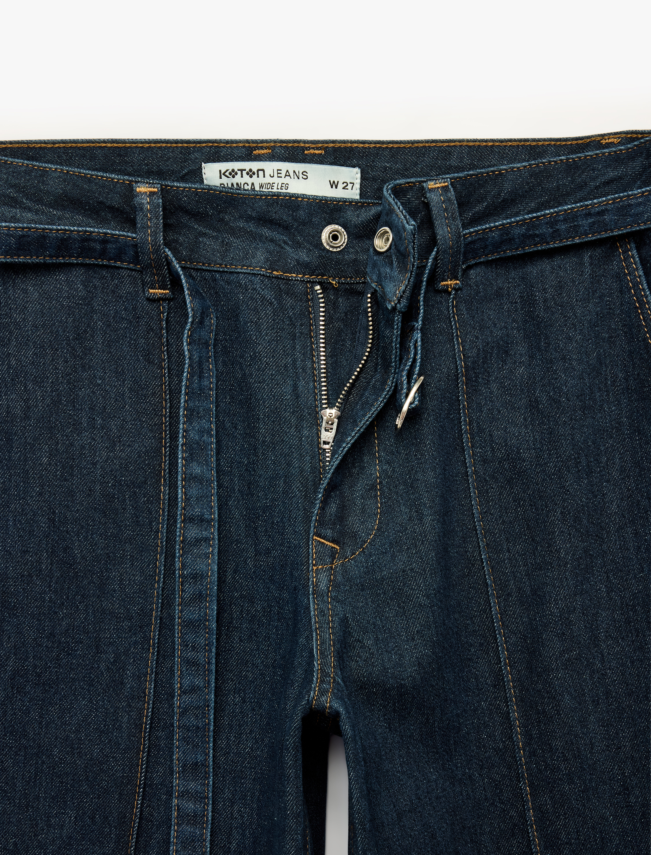   Kemerli Cepli Dikiş Detaylı Pamuklu Geniş Paça Denim Pantolon - Wide Leg Jeans
