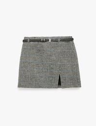 Yırtmaçlı Slim Fit Kemerli A Kesim Ekoseli Mini Etek