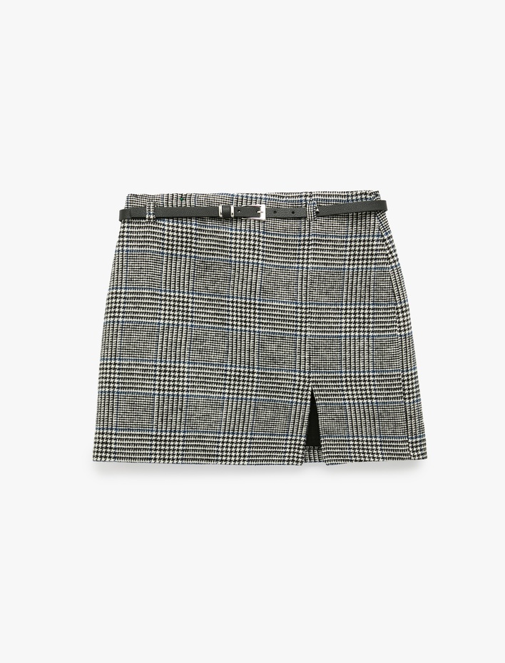  Yırtmaçlı Slim Fit Kemerli A Kesim Ekoseli Mini Etek