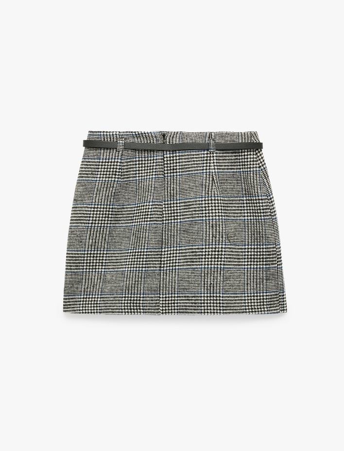  Yırtmaçlı Slim Fit Kemerli A Kesim Ekoseli Mini Etek