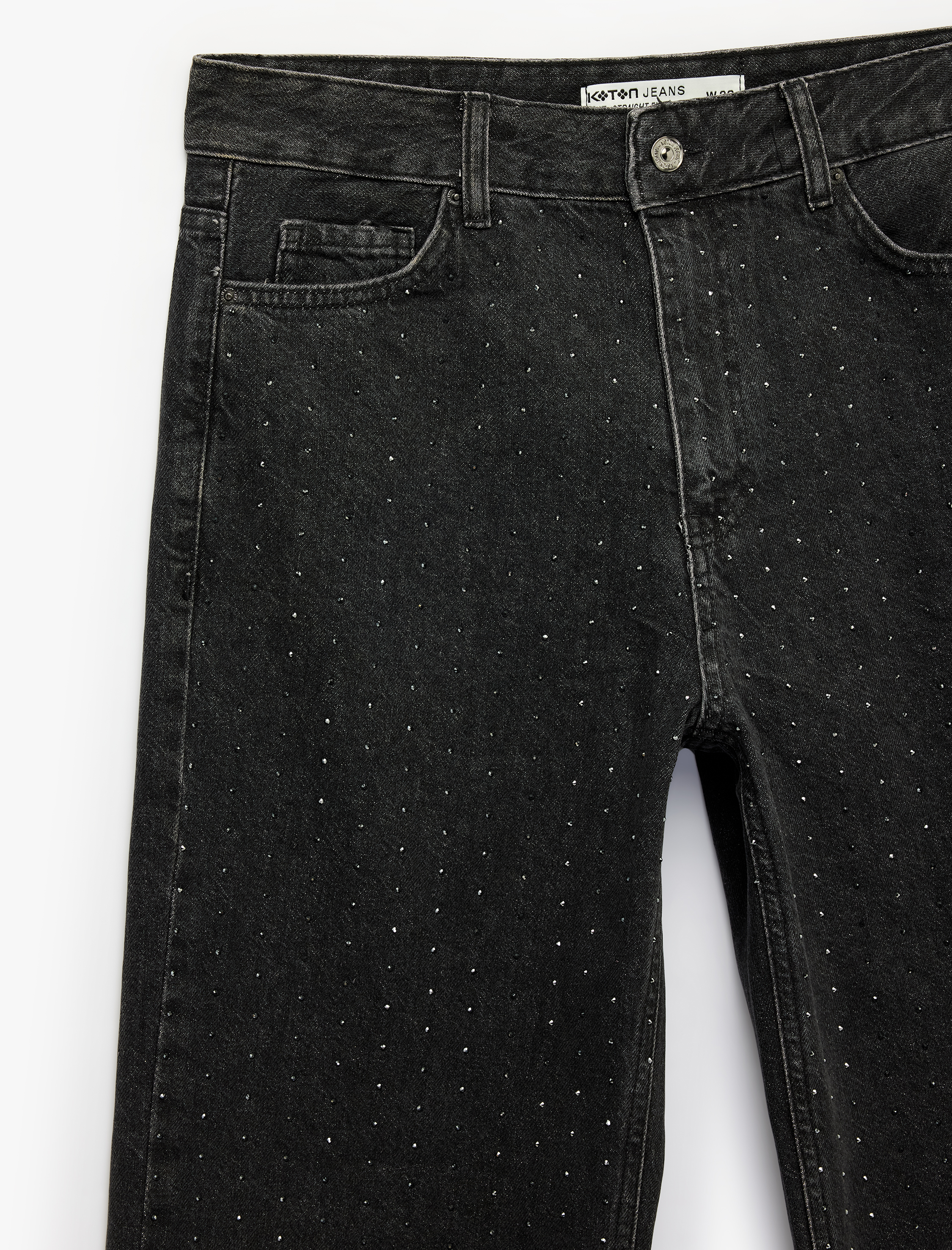  Pamuklu Cepli Düz Paça Normal Bel Taşlı Denim Pantolon - Straight Fit Jean