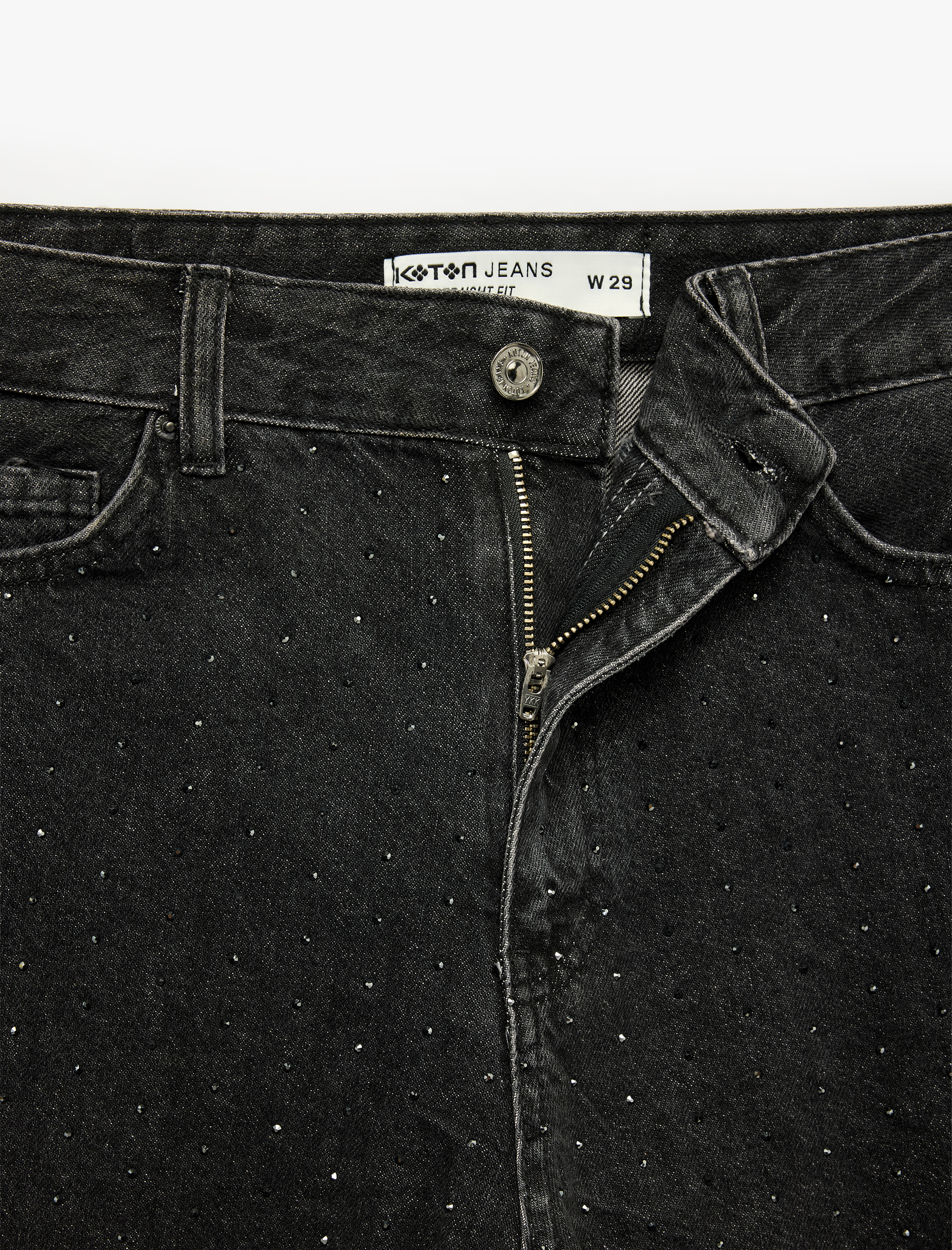  Pamuklu Cepli Düz Paça Normal Bel Taşlı Denim Pantolon - Straight Fit Jean