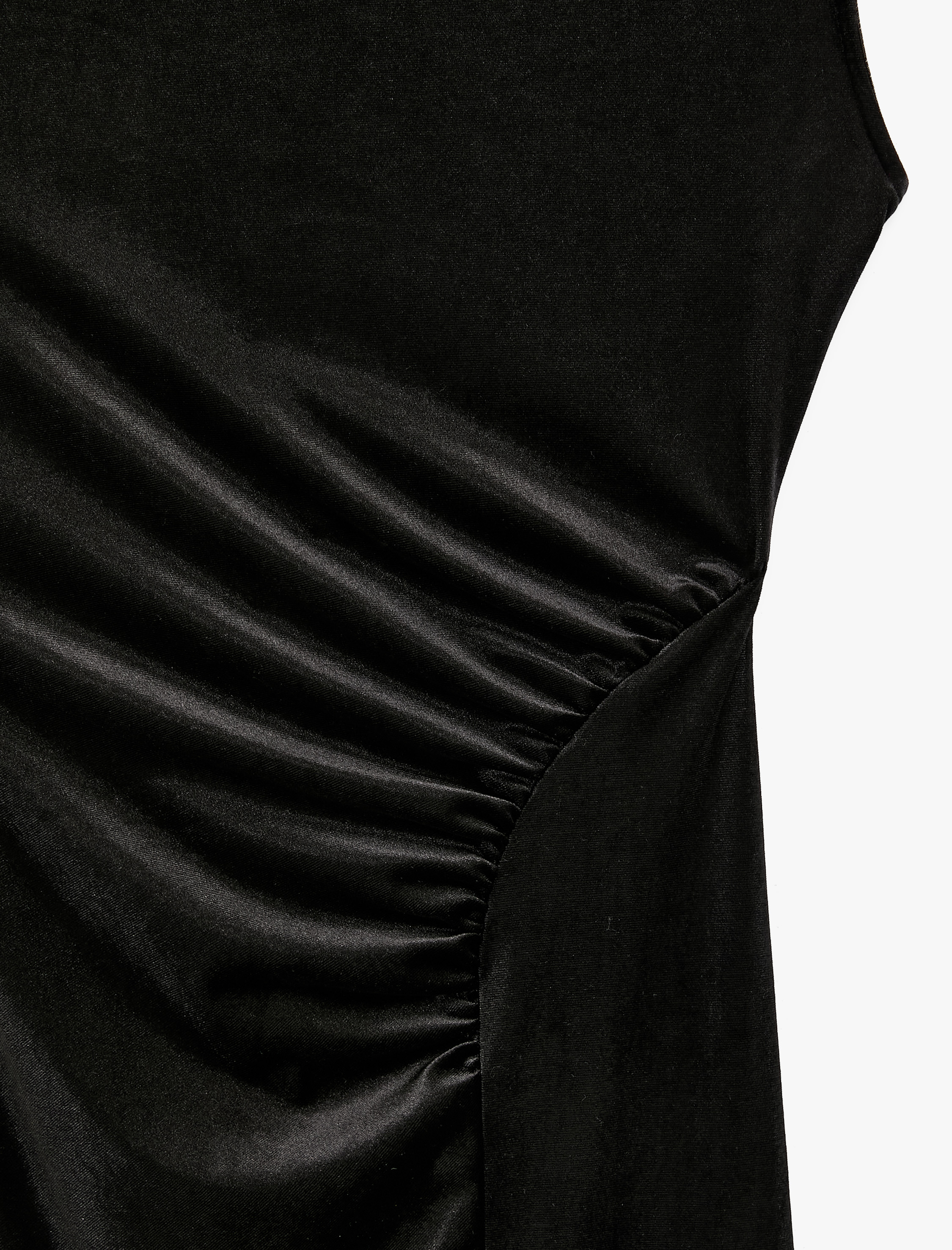   Slim Fit Yırtmaçlı Drapeli Kolsuz Dik Yaka Uzun Kadife Elbise
