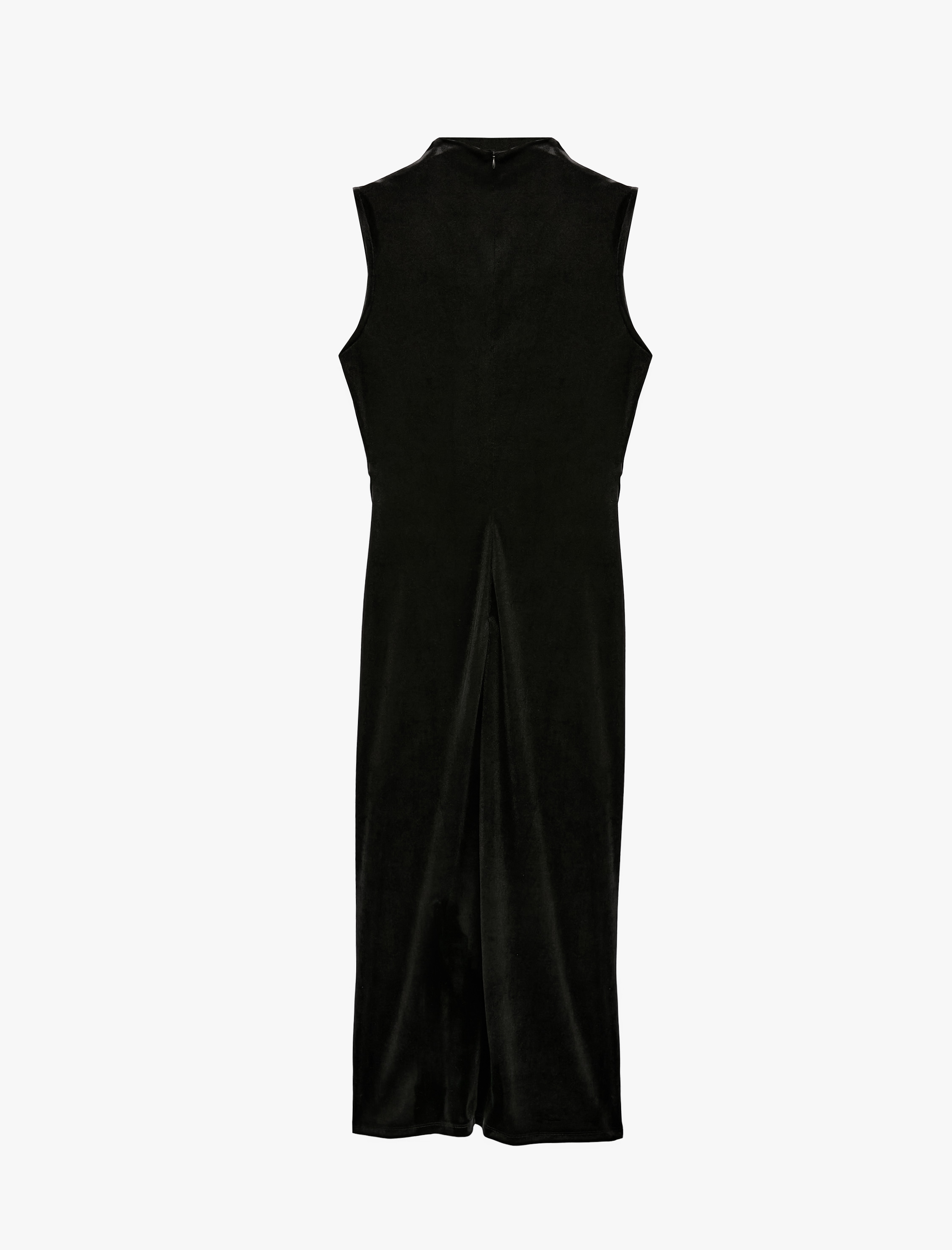   Slim Fit Yırtmaçlı Drapeli Kolsuz Dik Yaka Uzun Kadife Elbise