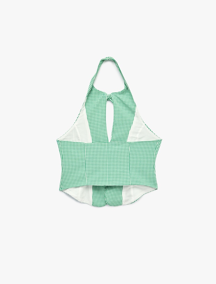  Slim Fit Fiyonklu Pötikareli Halter Yaka Üst