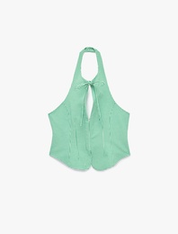 Slim Fit Fiyonklu Pötikareli Halter Yaka Üst