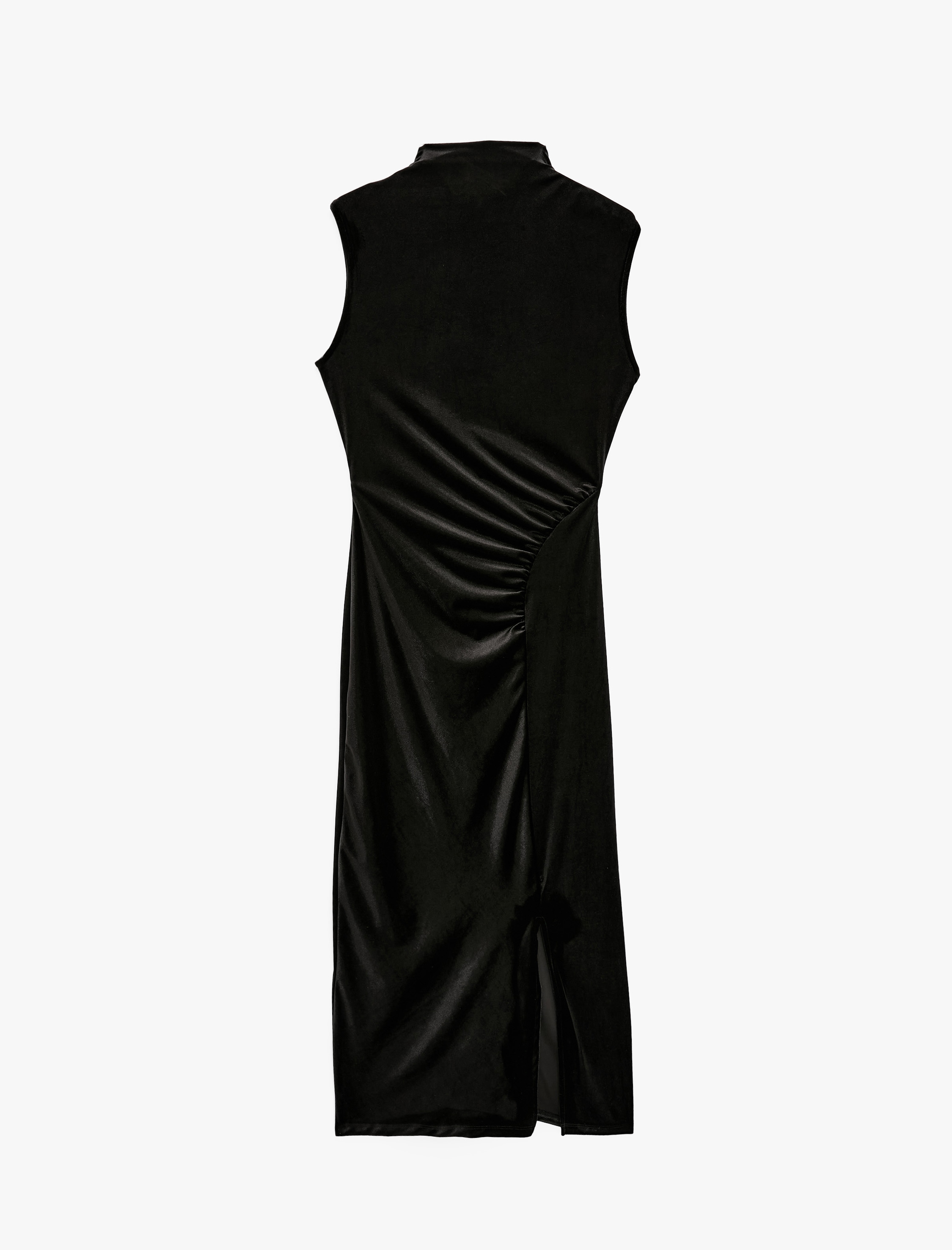   Slim Fit Yırtmaçlı Drapeli Kolsuz Dik Yaka Uzun Kadife Elbise