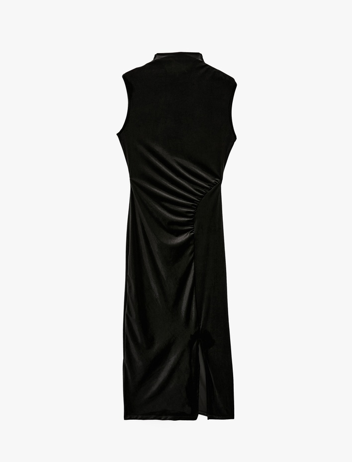  Slim Fit Yırtmaçlı Drapeli Kolsuz Dik Yaka Uzun Kadife Elbise