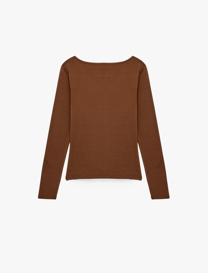  Pamuklu Slim Fit Geniş Yuvarlak Yaka Uzun Kollu Tişört