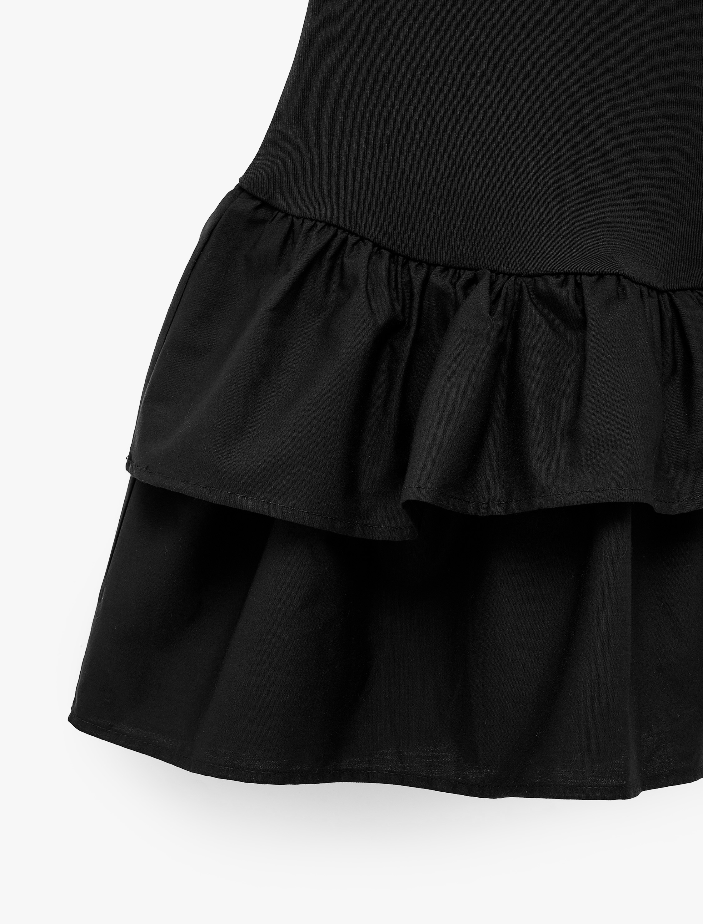   Kolsuz Bisiklet Yaka Pamuklu Katlı Volanlı Mini Elbise