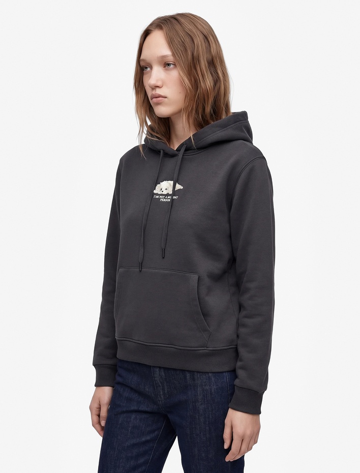  Şardonlu Uzun Kollu Cepli Köpek Nakış Detaylı Kapüşonlu Sweatshirt