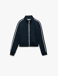 Slim Fit Biyeli Dik Yaka Fermuarlı Uzun Kollu Crop Sweatshirt