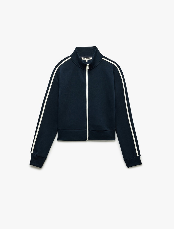  Slim Fit Biyeli Dik Yaka Fermuarlı Uzun Kollu Crop Sweatshirt