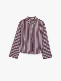Viskon Kumaş Düğmeli Klasik Yaka Uzun Kollu Slim Fit Çizgili Gömlek