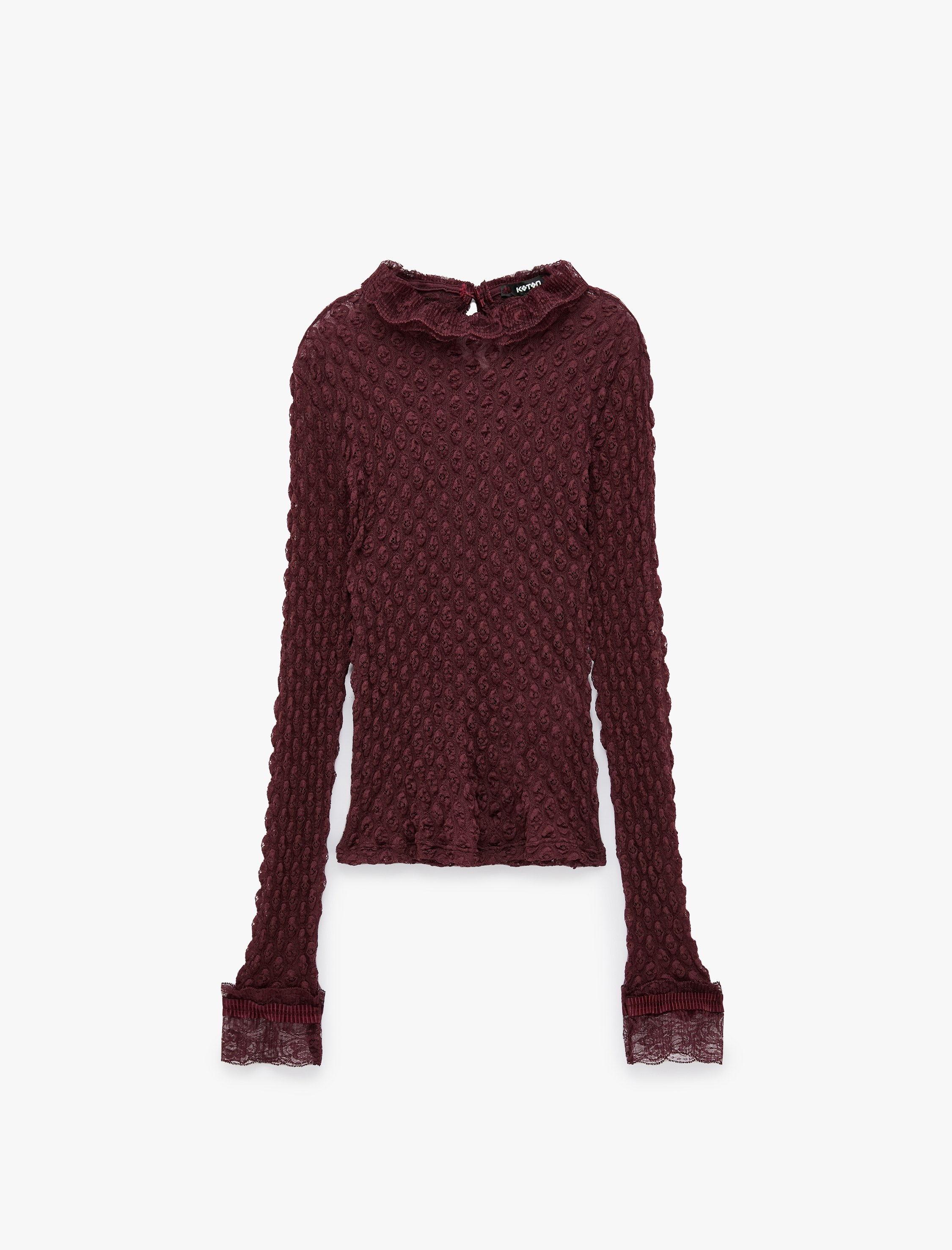   Koton X Selected by Melis Ağazat - Dantelli Dik Yaka Dokulu Tişört Slim Fit Uzun Kollu