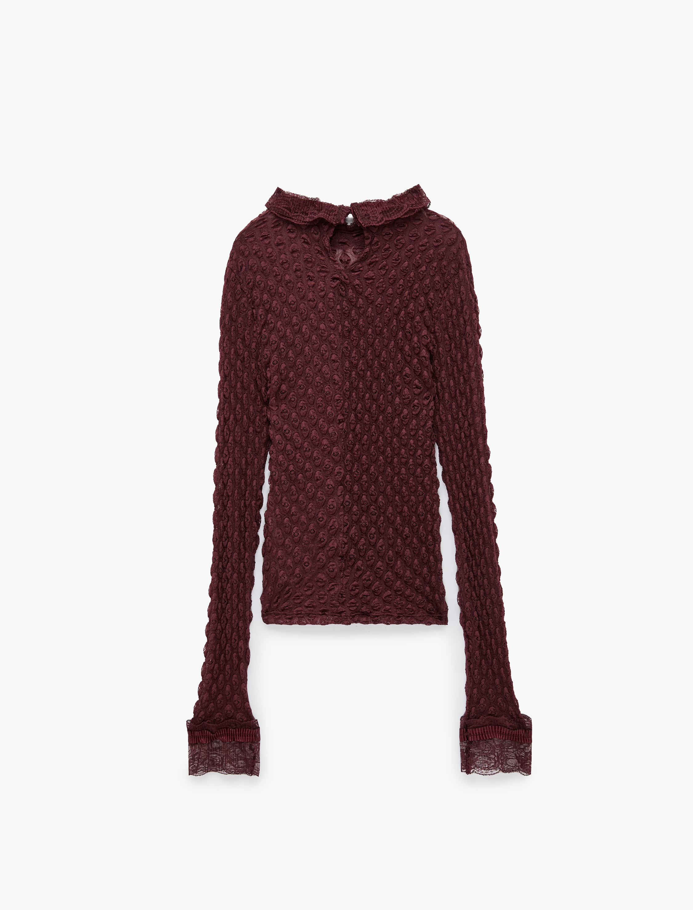   Koton X Selected by Melis Ağazat - Dantelli Dik Yaka Dokulu Tişört Slim Fit Uzun Kollu