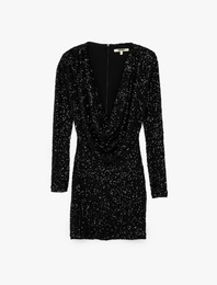 Pullu Payetli Slim Fit Degaje Yaka Uzun Kollu Bodycon Mini Abiye Elbise
