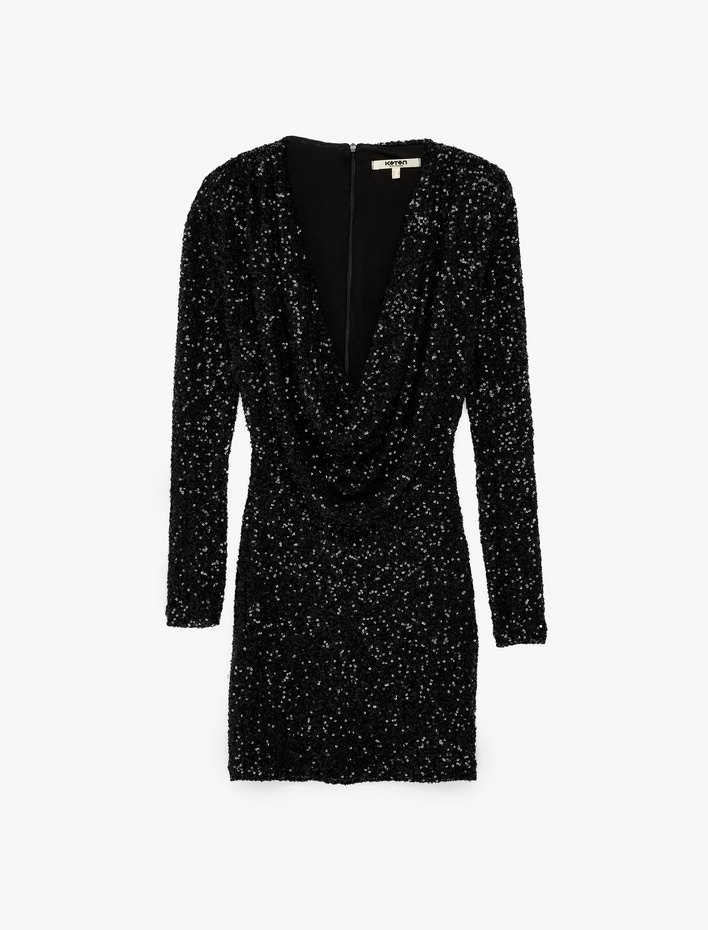  Pullu Payetli Slim Fit Degaje Yaka Uzun Kollu Bodycon Mini Abiye Elbise