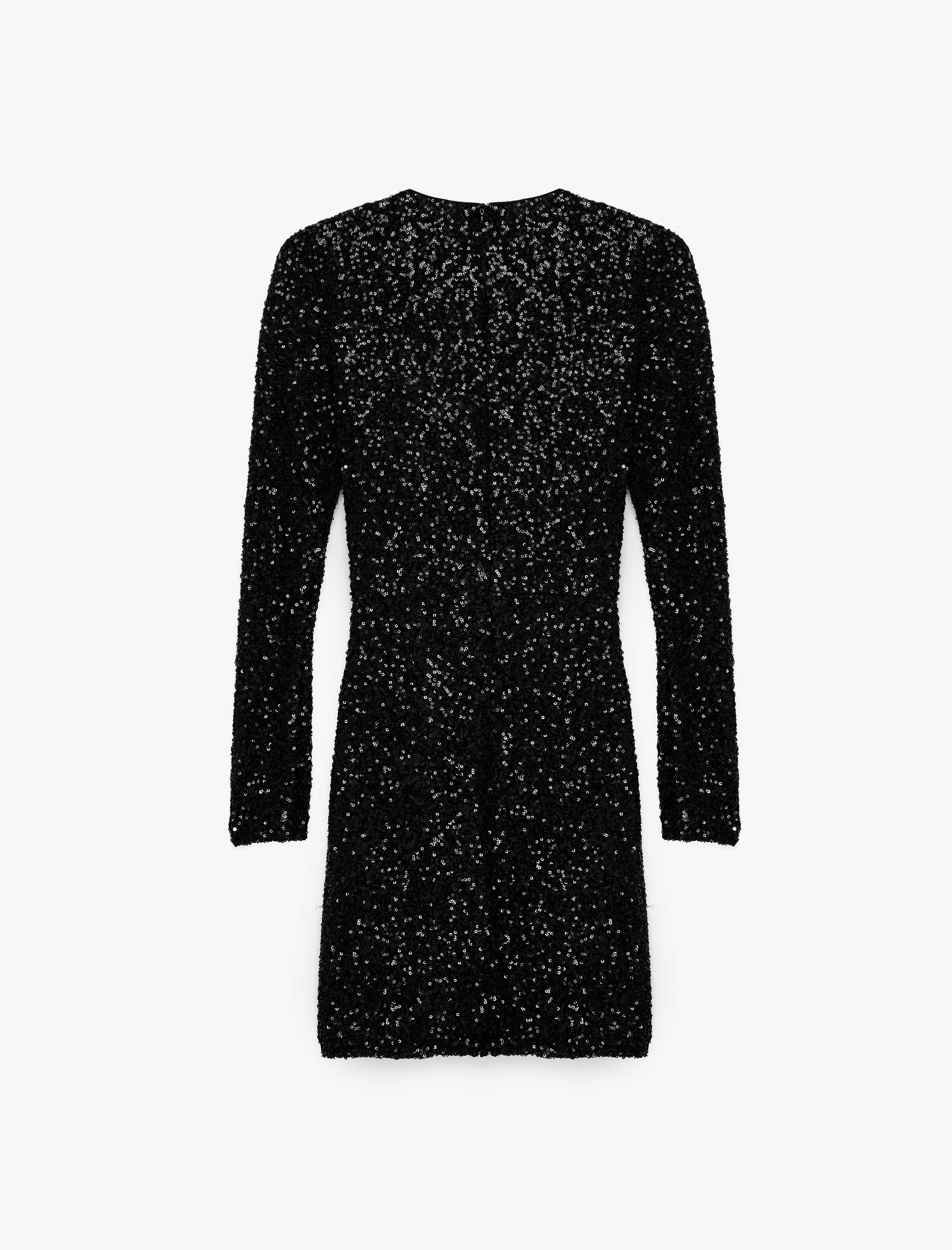   Pullu Payetli Slim Fit Degaje Yaka Uzun Kollu Bodycon Mini Abiye Elbise