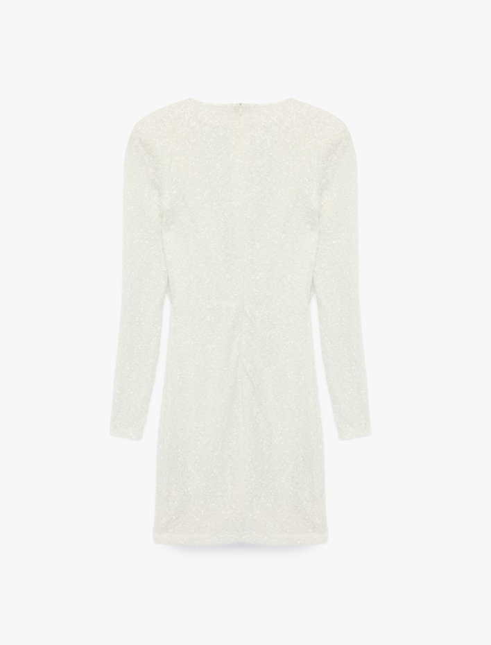  Pullu Payetli Slim Fit Degaje Yaka Uzun Kollu Bodycon Mini Abiye Elbise