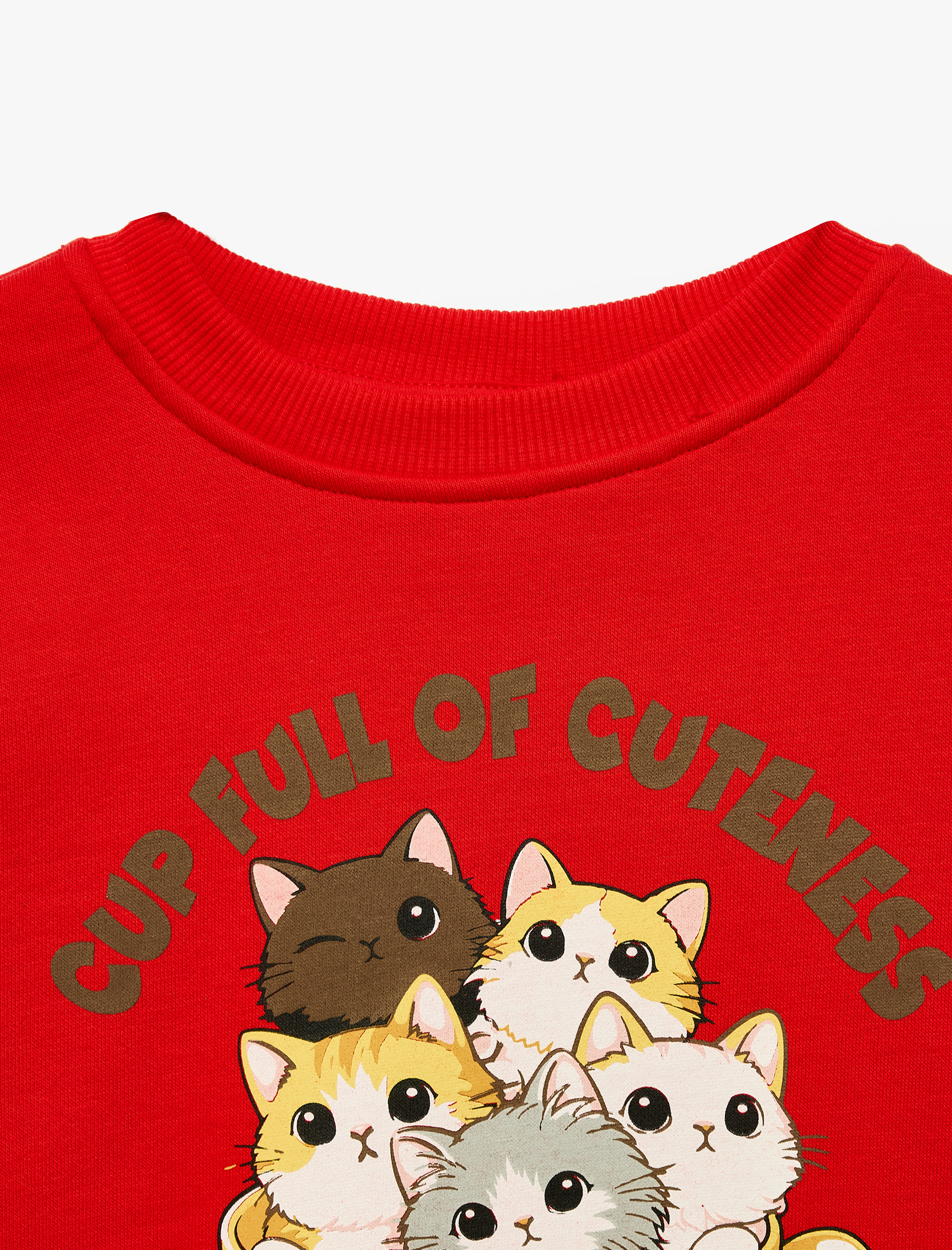  Kız Çocuk Kedi Baskılı Uzun Kollu Bisiklet Yaka Şardonlu Sweatshirt