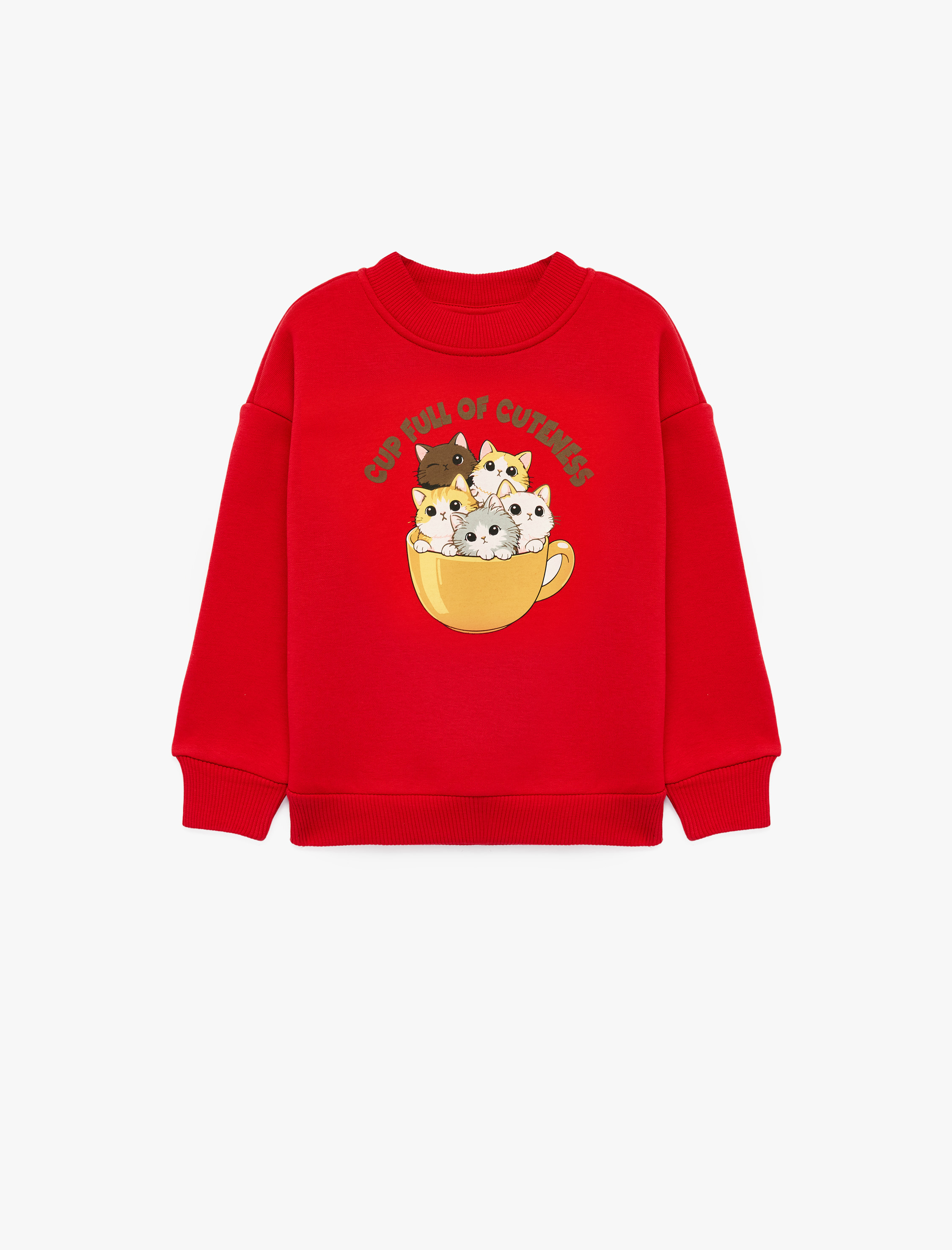  Kız Çocuk Kedi Baskılı Uzun Kollu Bisiklet Yaka Şardonlu Sweatshirt