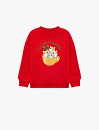 Kedi Baskılı Uzun Kollu Bisiklet Yaka Şardonlu Sweatshirt