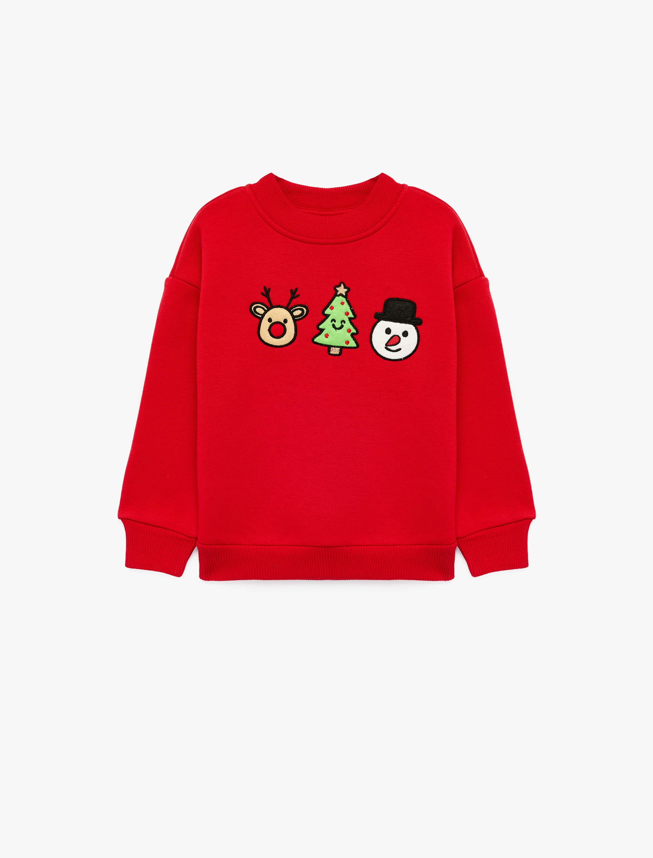  Erkek Bebek Pamuklu Şardonlu Uzun Kollu Bisiklet Yaka Yılbaşı Temalı Nakışlı Sweatshirt