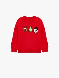 Pamuklu Şardonlu Uzun Kollu Bisiklet Yaka Yılbaşı Temalı Nakışlı Sweatshirt
