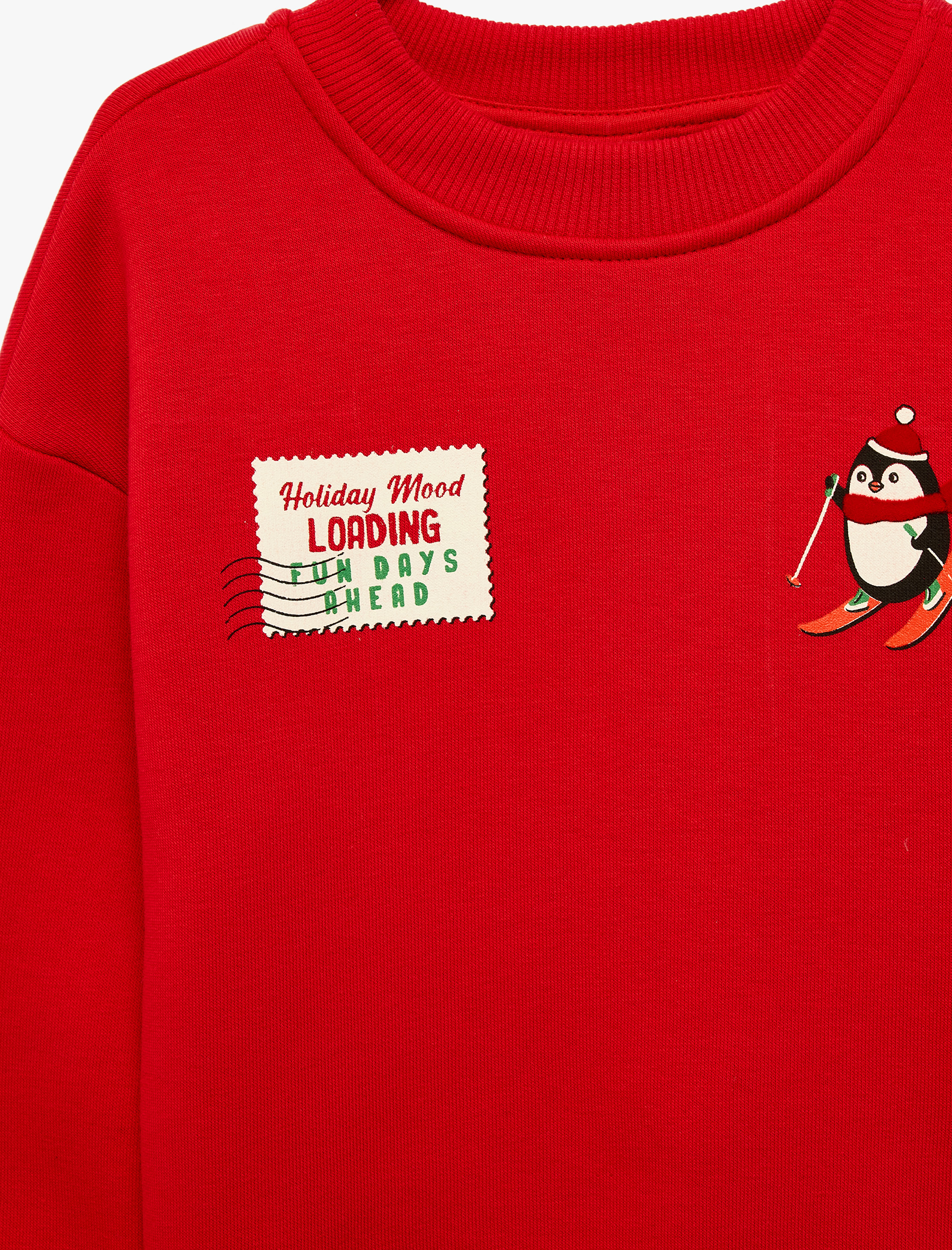  Erkek Bebek Penguen Baskılı Şardonlu Uzun Kollu Bisiklet Yaka Sweatshirt