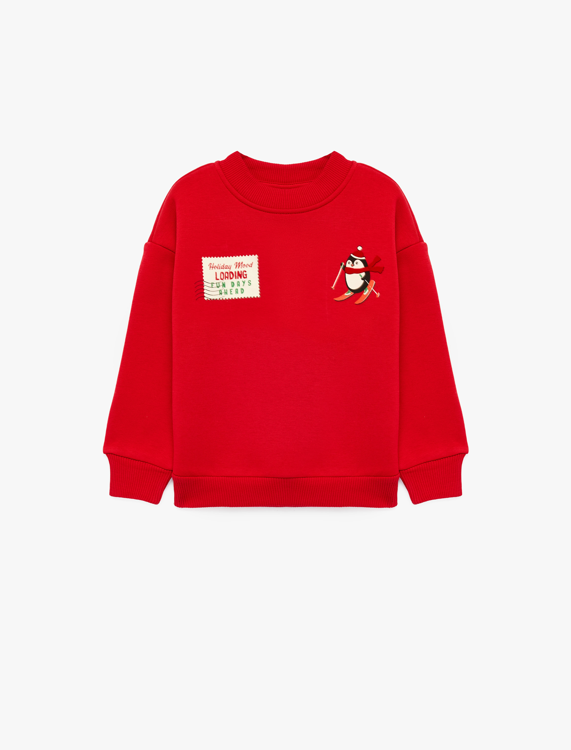  Erkek Bebek Penguen Baskılı Şardonlu Uzun Kollu Bisiklet Yaka Sweatshirt