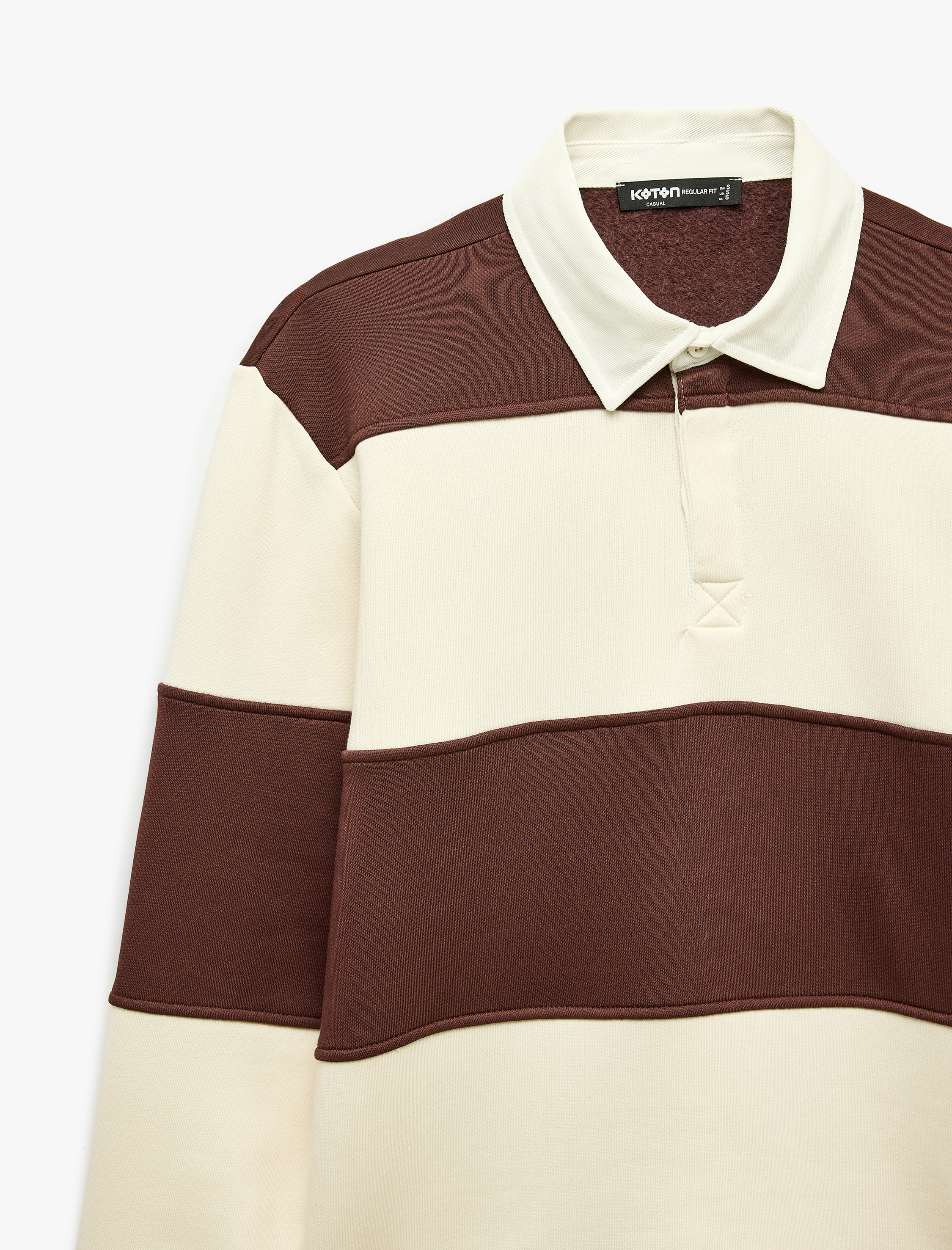   Uzun Kollu Üç İplik Şardonlu Düğmeli Çizgili Polo Yaka Sweatshirt