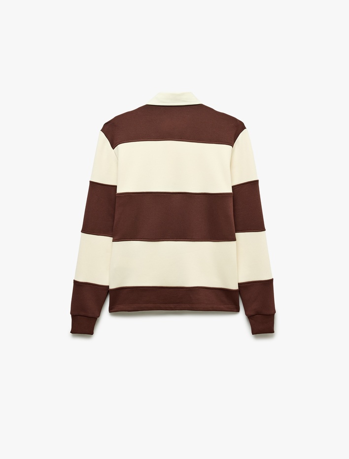  Uzun Kollu Üç İplik Şardonlu Düğmeli Çizgili Polo Yaka Sweatshirt