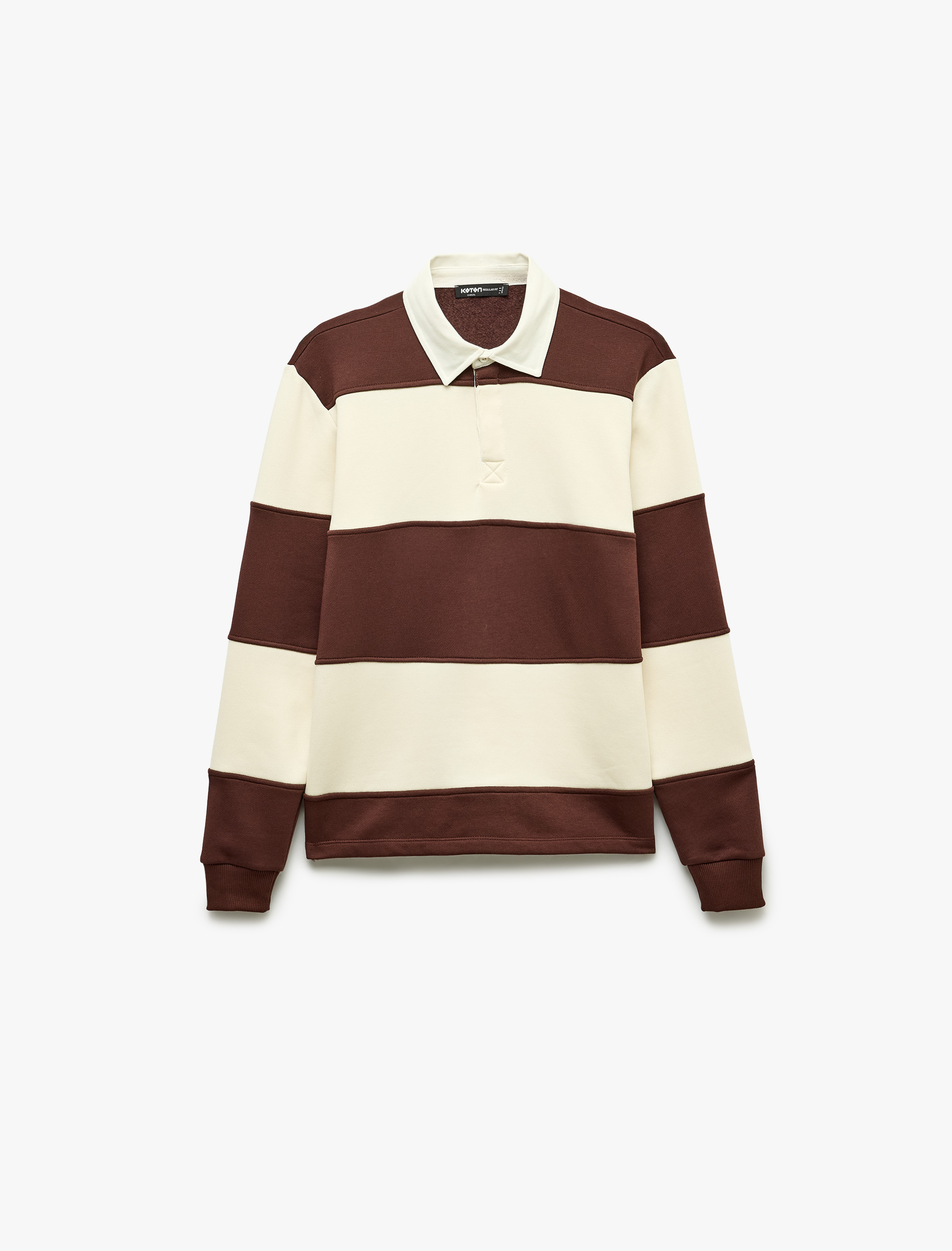   Uzun Kollu Üç İplik Şardonlu Düğmeli Çizgili Polo Yaka Sweatshirt